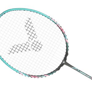 A tennis racket with a black and blue frame featuring pink accents, displaying the model name "TK-HMR PRO (5U-G5)" on the shaft, and fitted with a string pattern designed for professional play.