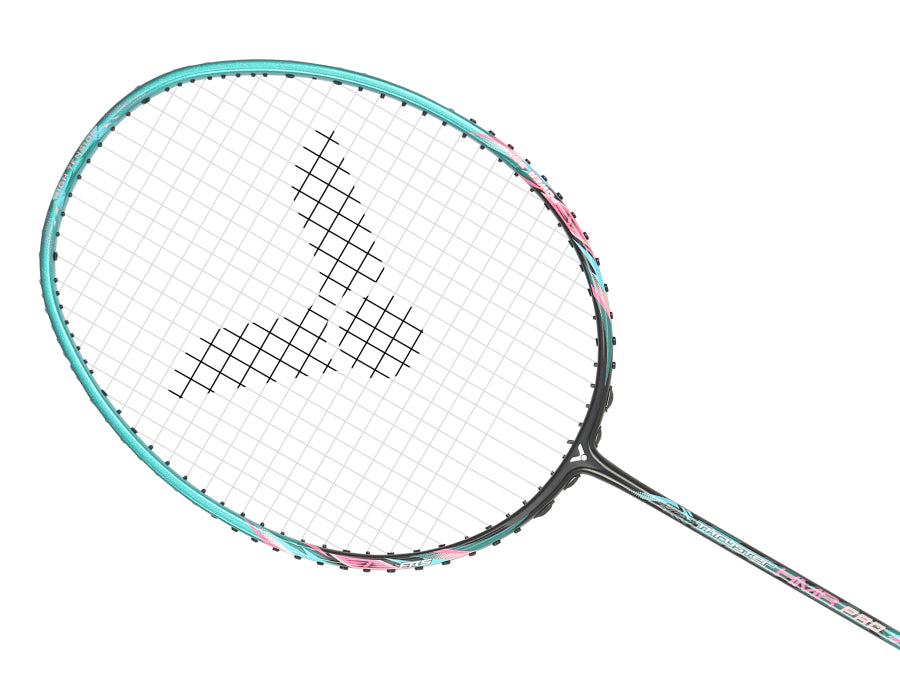 A tennis racket with a black and blue frame featuring pink accents, displaying the model name "TK-HMR PRO (5U-G5)" on the shaft, and fitted with a string pattern designed for professional play.