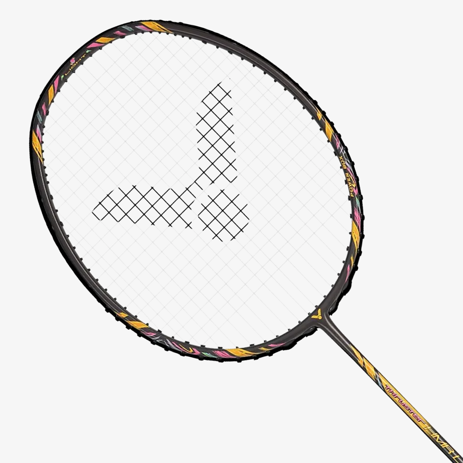 A black badminton racket with colorful accents, featuring the brand name "YONEX" on the shaft, is shown from an overhead perspective.