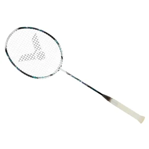 A tennis racket with a white handle and a black, turquoise, and white frame, featuring a string pattern with a logo on the strings.