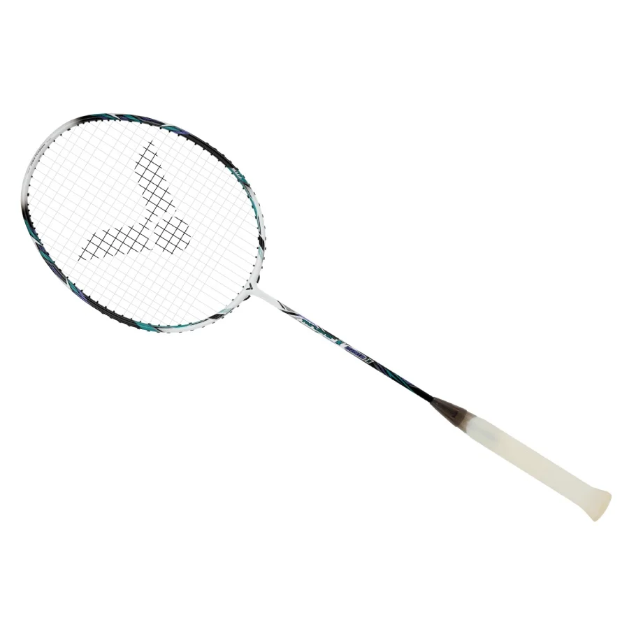 A tennis racket with a white handle and a black, turquoise, and white frame, featuring a string pattern with a logo on the strings.