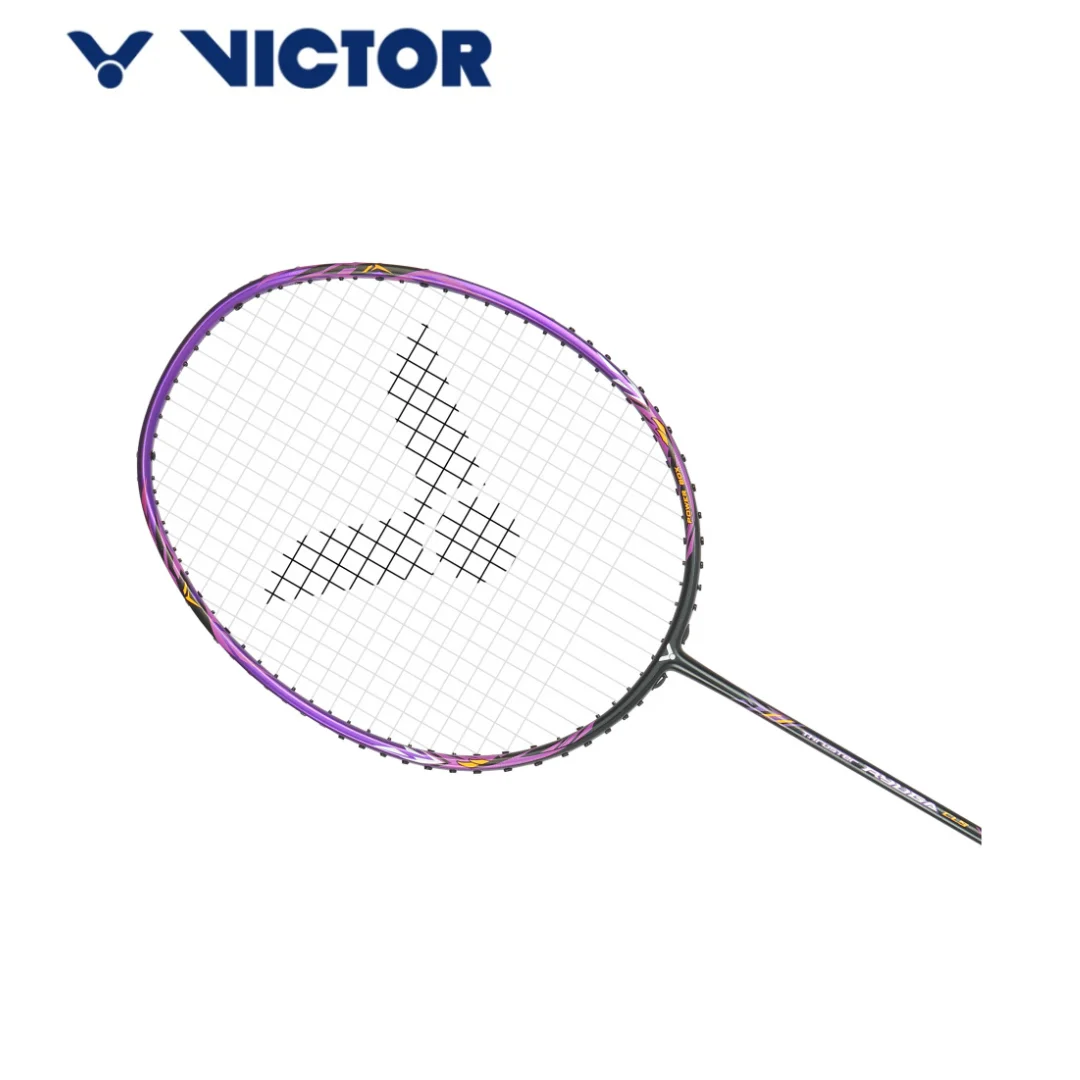 A purple and black Victor badminton racket with a grid pattern on the string and several black lines across the strings, displayed against a white background.