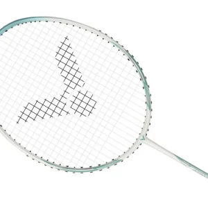 A badminton racket with the Auraspeed 9(4U-G5) model, displaying its lightweight frame and string pattern.