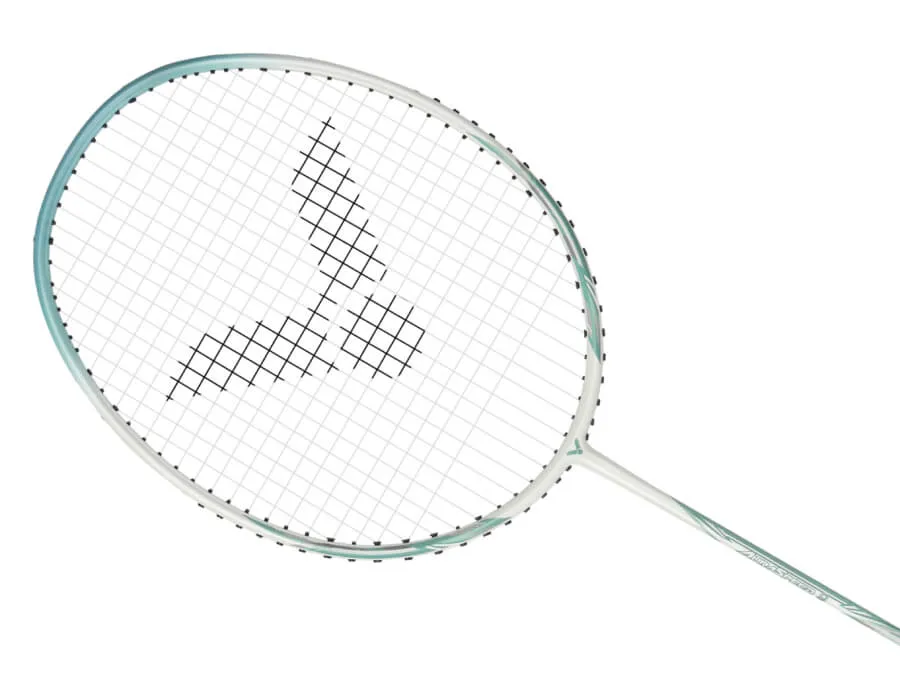 A badminton racket with the Auraspeed 9(4U-G5) model, displaying its lightweight frame and string pattern.